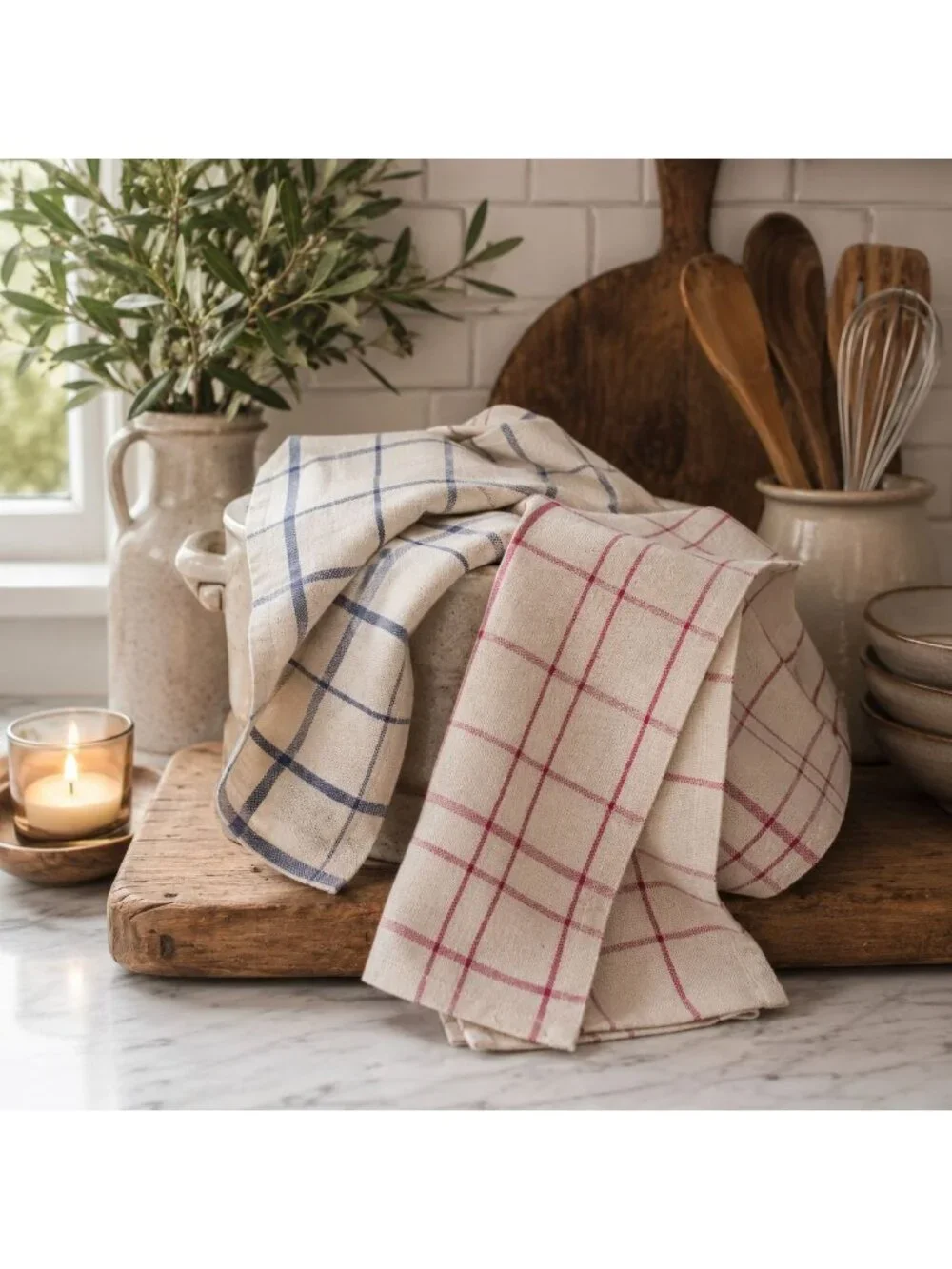 Foreside Riley Plaid Tea Towels 2 Piece Cream Red Blue Cotton Boho Farmhouse New